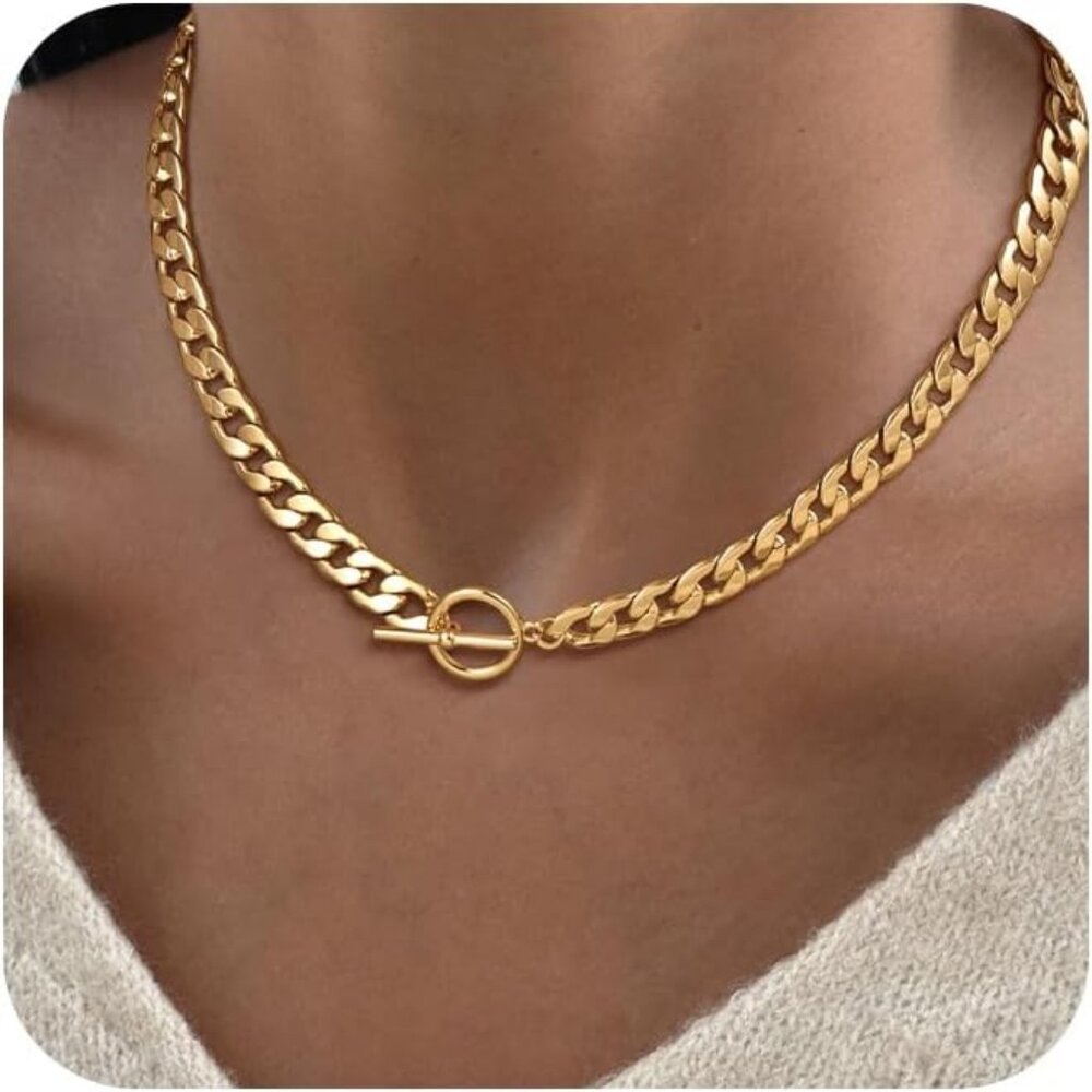 for Women 14K Gold Plated Paperclip Chain Necklace Cross Heart Pendant Herringbo